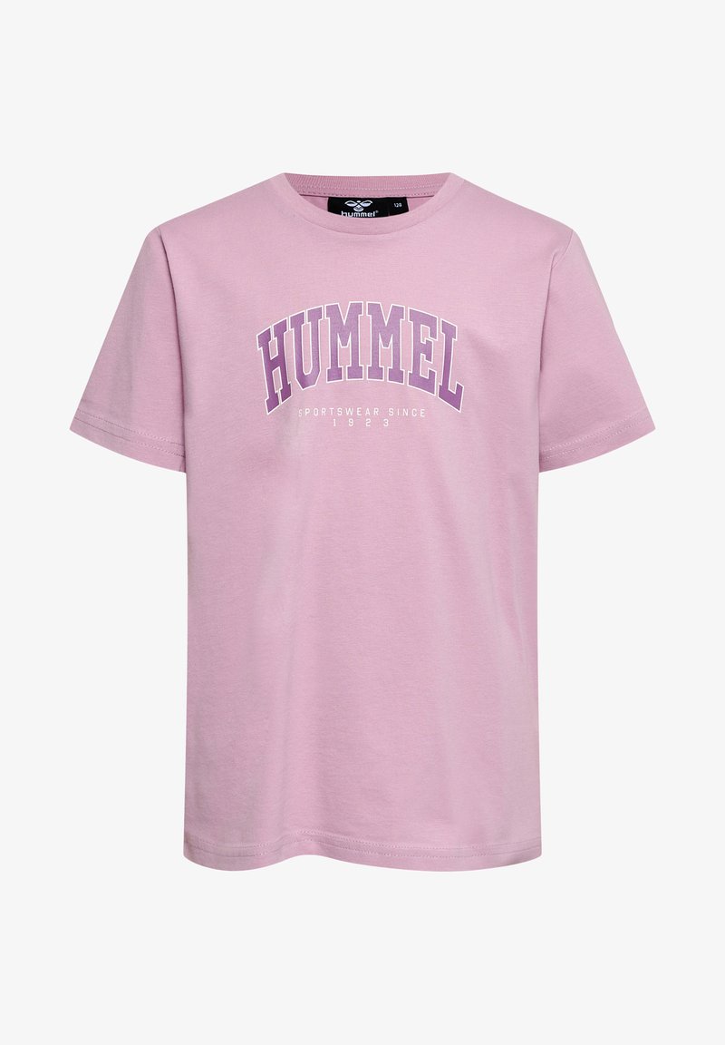 Pink cotton t-shirt with short sleeves. Features "HUMMEL" in bold purple lettering. Crew neck design and standard fit.