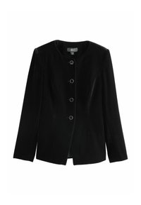Black velvet long-sleeve blazer with four round silver buttons and a round neckline, tailored fit from NEXT brand.