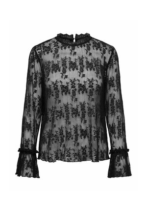 Schwarze Spitzenbluse mit hohem Kragen, Blumenmuster, langen Ärmeln und ausladenden Manschetten. Verfügt über gezackte Kanten und einen Schlüssellochverschluss auf der Rückseite.