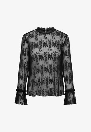 Juoda nėriniuota bliusonė su aukštu kaklu, gėlių raštu, ilgomis rankovėmis ir išplatintais manžetais. Yra dantytos kraštinės ir raktų skylutės tipo uždarymas nugaros pusėje.