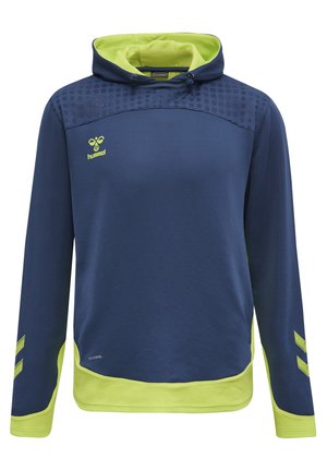 Marineblauwe hoodie met een textuur op de bovenkant en limoen groene accenten. Voorzien van een trekkoord bij de kap, zijstrepen en mesh details aan de onderrand en manchetten.