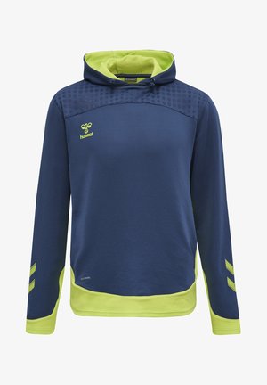 Navy Hoodie mit strukturiertem Oberteil und limettengrünen Akzenten. Verfügt über eine Kapuze mit Kordelzug, seitliche Streifen und Mesh-Details am Saum und an den Bündchen.