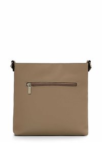 Brown faux leather crossbody bag with a flat design, featuring a front zip pocket and a detachable strap.
