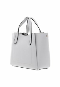 Borsa a mano in finta pelle grigia con dettagli neri, forma strutturata, doppi manici e tasca anteriore. Texture liscia con design minimalista.