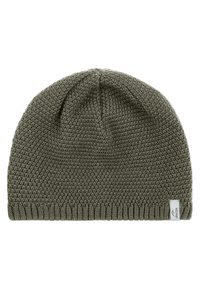 Olive green knitted beanie with a textured design, ribbed hem, and a small white logo tag. Soft material for warmth and comfort.