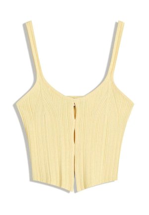 Crop top jaune à côtes avec des fines bretelles, doté d'une fermeture éclair à l'avant et d'un motif texturé dans une coupe ajustée.