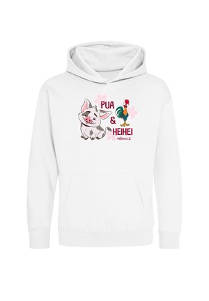 Hvid hættetrøje med tegneseriebilleder af en gris og en hane, tekst "PUA & HEIHEI" og "Moana 2" med rosa blomsteraccenter på fronten.