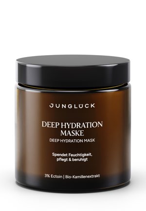 Braunes Glasgefäß der Jungluck Deep Hydration Maske mit schwarzem Deckel, enthält feuchtigkeitsspendende und beruhigende Inhaltsstoffe, darunter 3 % Ectoin und Kamillenextrakt.