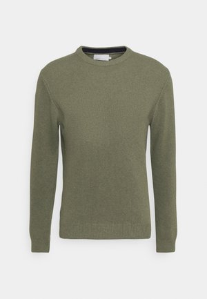Grüner Rundhalsausschnitt-Pullover aus strukturiertem Strickmaterial. Verfügt über lange Ärmel sowie gerippte Bündchen und Saum. Schlichtes, ungeschmücktes Design.
