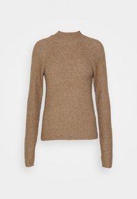 Brown ribbed sweater with a high neckline and long sleeves. Made of textured knit fabric, featuring a fitted silhouette and raglan sleeves.