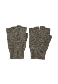 Adīti bezpirkstu cimdi zaļos un brūnos toņos, ar ribinājumiem pie aproces un teksturētu rakstu ar atvērtu pirkstu dizainu.