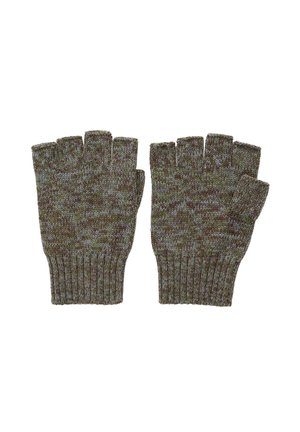 Strikkede fingerløse handsker i grønne og brune nuancer, med ribbede manchetter og et struktureret mønster med åben fingerspidsdesign.