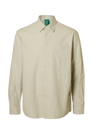 Lichtbeige geruit overhemd met een opknoopkraag, lange mouwen en een borstzak. Heeft een groen label bij de hals.