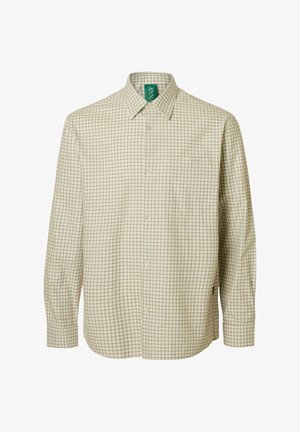 Lichtbeige geruit overhemd met een opknoopkraag, lange mouwen en een borstzak. Heeft een groen label bij de hals.