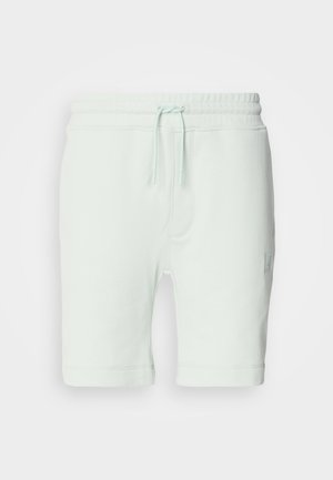 Calções de algodão verde menta claros com cintura elástica, cordão ajustável, bolsos laterais e detalhe de logotipo na perna direita.