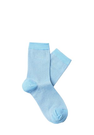 Chaussettes bleu clair longueur cheville avec bords côtelés, présentées à plat sur fond blanc.