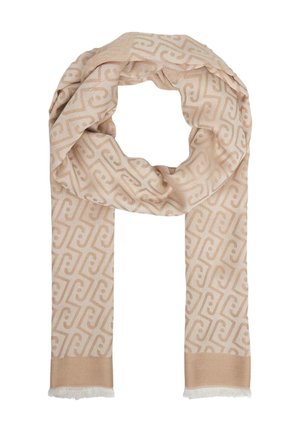 Sciarpa beige con motivo geometrico a spirale, bordi frangiati, mostrata piegata in un anello morbido su sfondo bianco.