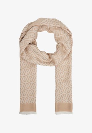 Sciarpa beige con motivo geometrico a spirale, bordi frangiati, mostrata piegata in un anello morbido su sfondo bianco.