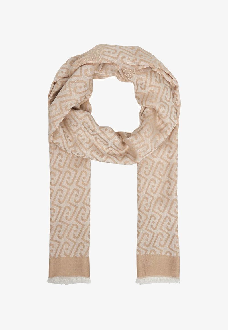 Écharpe beige avec motif tourbillonnant géométrique, bords frangés, présentée pliée en boucle lâche sur fond blanc.