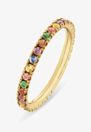 Goldener Ring mit gleichmäßig verteilten runden Edelsteinen in verschiedenen Farben, darunter grün, rosa, blau, gelb und orange, entlang des Rings gesetzt.