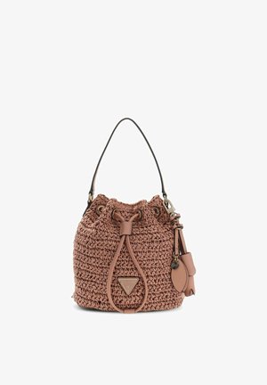 Woven pink bucket bag with leather drawstring closure, single shoulder strap, and decorative leather tassels and metal logo charm.