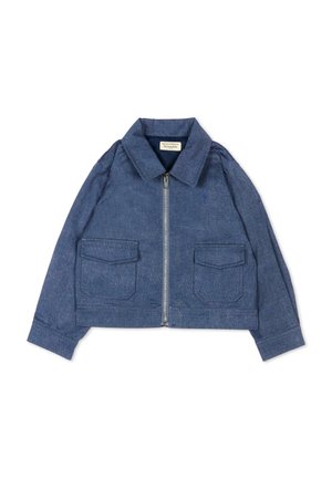 Giacca in denim blu con cerniera frontale, due tasche con patta, maniche lunghe e ampio collo, etichettata Trussardi.