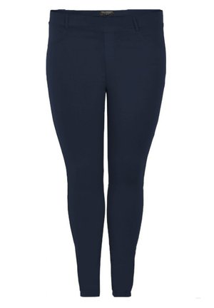 Námořnické modré legíny vyrobené z elastické tkaniny, s úzkým střihem, hladkým povrchem a bez viditelného kovového kování nebo ozdob.