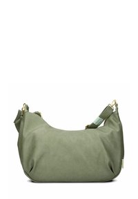 Bolso de hombro de imitación de cuero suave en verde oliva, con forma curva, correa ajustable y herrajes en tono dorado.