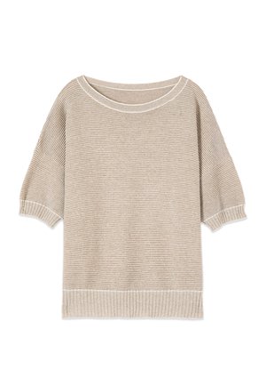 Beżowy krótki sweter z dzianiny z krótkim rękawem, z prążkowanym dołem, mankietami i okrągłym dekoltem, z delikatnym wzorem poziomych pasków.