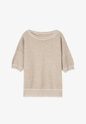 Beige, gebreide trui met korte mouwen, geribbelde zoom, manchetten en ronde hals, met een subtiel horizontaal streeppatroon.