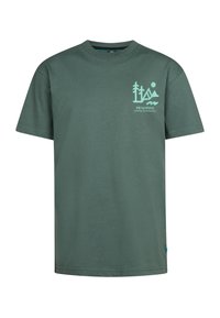 Groene katoenen t-shirt met een ronde hals. Heeft een lichtblauw grafisch ontwerp en logo op de borst. Korte mouwen, minimalistische stijl.