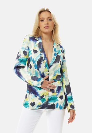 Multicolored blazer featuring abstract blue, green, and black brushstroke patterns on a light background. Tailored design with a single button closure.