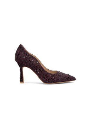 Burgundy high-heeled shoe with pointed toe, embellished with black rhinestones, soft suede texture, and slender, decorative heel.