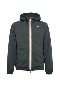 Giacca a vento da uomo in verde scuro, realizzata in materiale leggero. Presenta una chiusura frontale con zip e dettagli multicolori, oltre a polsini elastici.