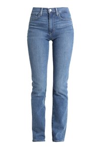 Blå jeans i hög midja med smal passform, dragkedja, en knappstängning och minimalistiska sömmar; slät textur över hela ytan.