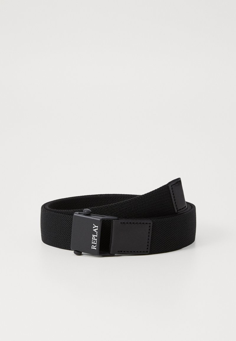 Black fabric belt featuring a rectangular plastic buckle with embossed text "REPLAY." The belt has a smooth, textured finish and adjustable length.
