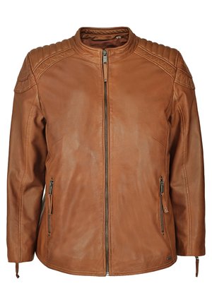 Bruine leren jas met een rits aan de voorkant, geribde schouderdetails, twee zijzakken en een gladde, licht glanzende textuur.