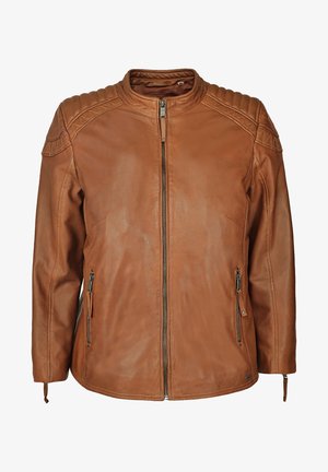 Brązowa skórzana kurtka z zamkiem z przodu, żeberkowanymi detalami na ramionach, dwoma bocznymi kieszeniami oraz gładką, lekko błyszczącą teksturą.