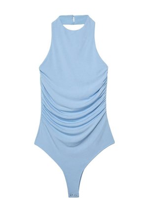 Light blue sleeveless bodysuit with gathered sides, high neckline, back button closure, and snap buttons at the crotch.