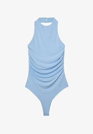 Light blue sleeveless bodysuit with gathered sides, high neckline, back button closure, and snap buttons at the crotch.