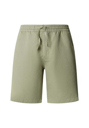 Heledad rohelist värvi puuvillased lühikesed püksid elastse vöökoha ja nööriga, esimesed taskud ning põlve keskpaigani ulatuv pikkus, valgel taustal.