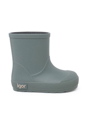 Grüner Gummiregenstiefel mit glatter Oberfläche, abgerundeter Zehenpartie und niedrigem Schnitt. Verfügt über eine strukturierte Sohle und ein Logo an der Seite.