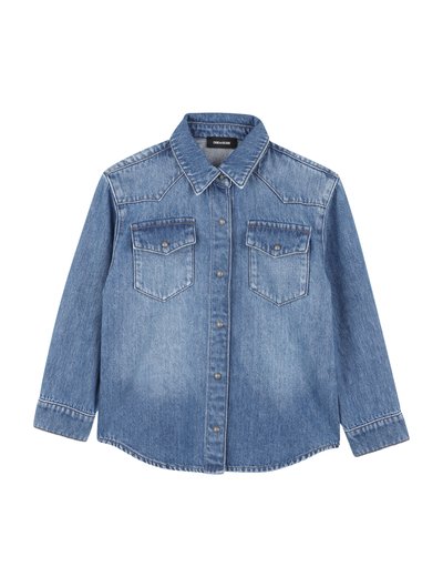 Blaue Jeanshemd mit spitzem Kragen, zwei Brusttaschen, Knopfverschluss und langen Ärmeln. Besitzt klassische Nähte und eine leicht gewaschene Textur.