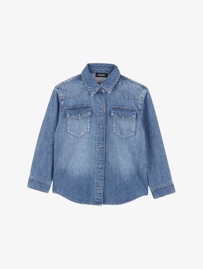 Blauw denim overhemd met een puntige kraag, twee borstzakken, knoopsluiting en lange mouwen. Voorzien van klassieke stiksels en een licht gewassen textuur.