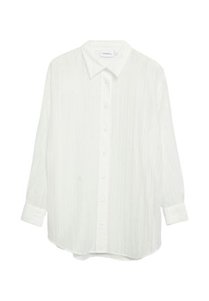 Biała koszula z długim rękawem zapinana na guziki, z subtelnymi pionowymi teksturowanymi paskami i klasycznym kołnierzem, rozmiar 36, marki Comma.