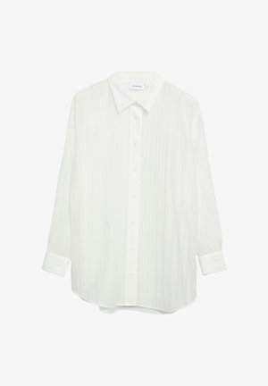 Biała koszula z długim rękawem zapinana na guziki, z subtelnymi pionowymi teksturowanymi paskami i klasycznym kołnierzem, rozmiar 36, marki Comma.