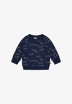 Navyblaues Sweatshirt mit weißen Linienzeichnungen von Hunden, Rundhalsausschnitt, langen Ärmeln und gerippten Bündchen. Glattes Baumwollmaterial.