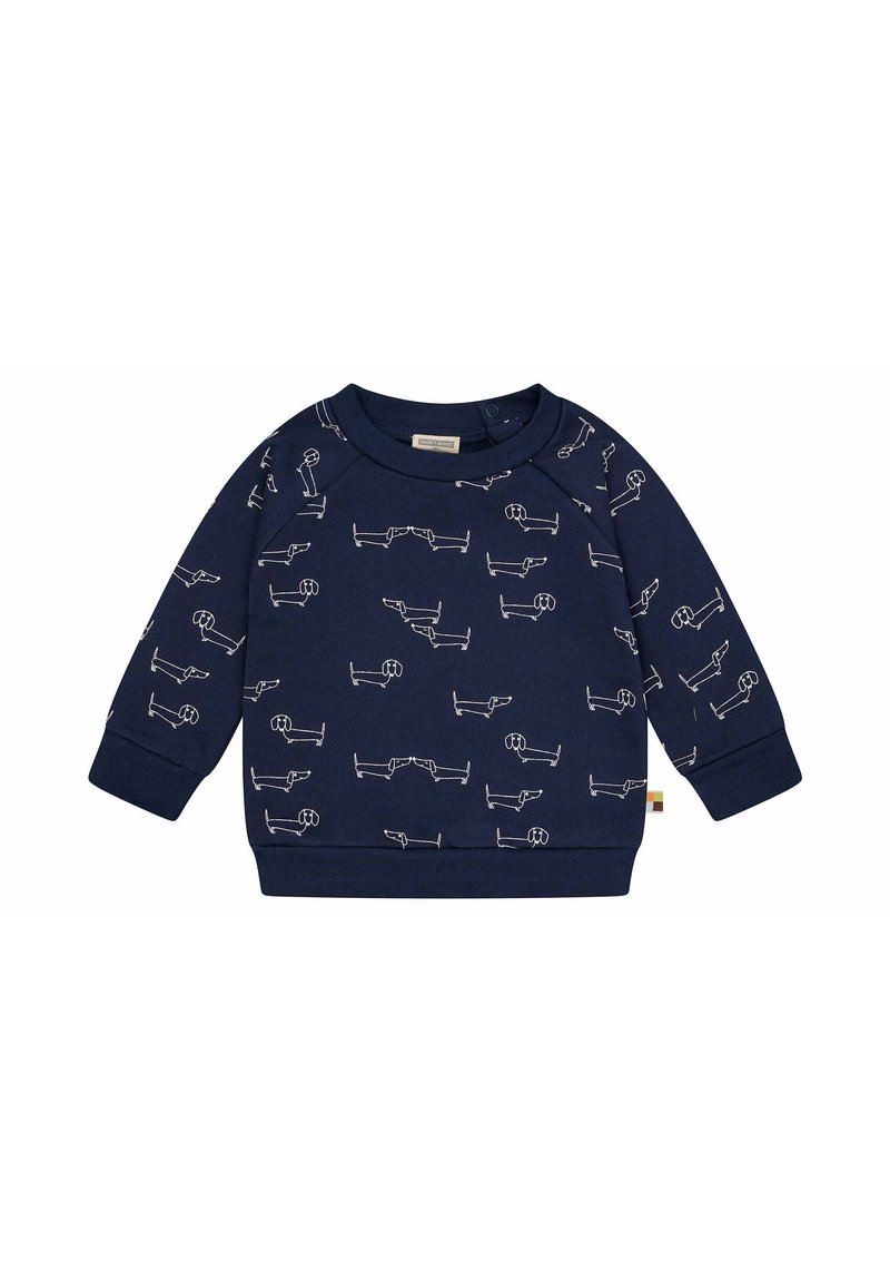Navyblaues Sweatshirt mit weißen Linienzeichnungen von Hunden, Rundhalsausschnitt, langen Ärmeln und gerippten Bündchen. Glattes Baumwollmaterial.