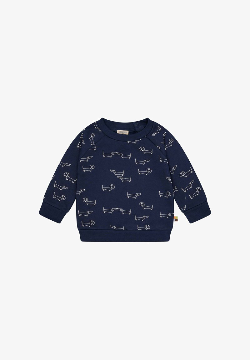 Navyblaues Sweatshirt mit weißen Linienzeichnungen von Hunden, Rundhalsausschnitt, langen Ärmeln und gerippten Bündchen. Glattes Baumwollmaterial.