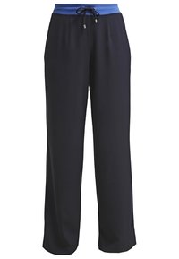 Black loose-fit pants with a blue elastic waistband and black drawstring, shown against a white background.